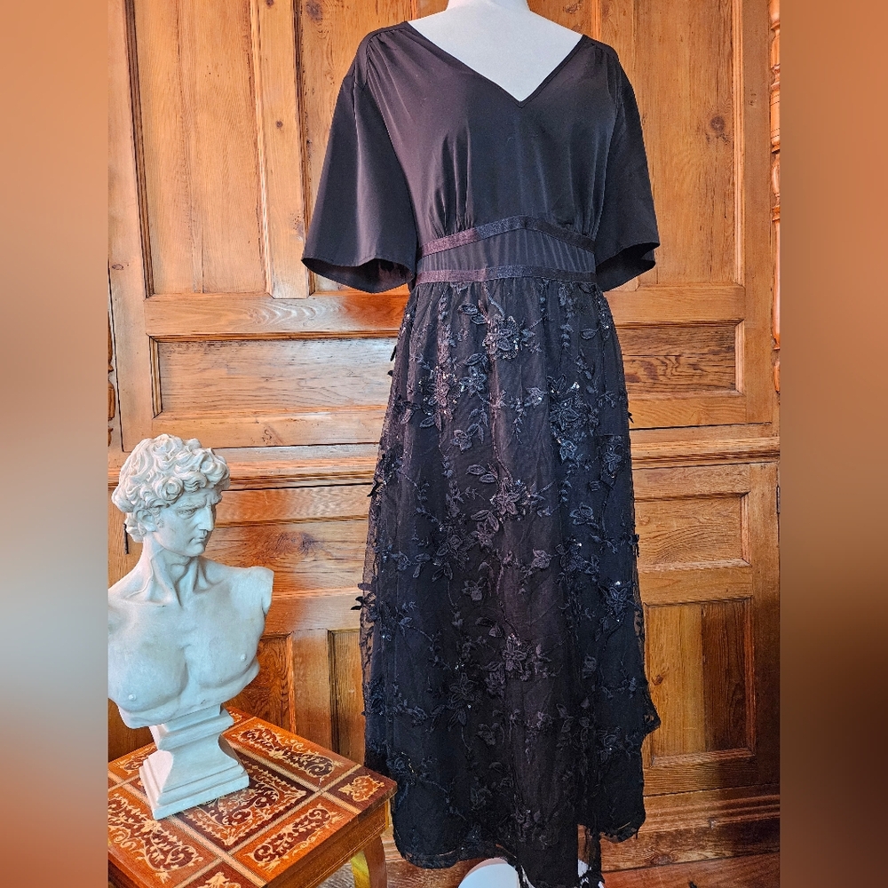 Beautiful BloomChic Black Midi Dress With Floral Embroidered Flare Skirt